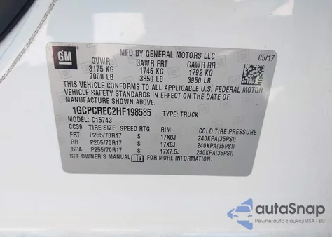 2017 Chevrolet Silverado 1500 1Lt z USA, uszkodzony, nr VIN 1GCPCREC2HF198585